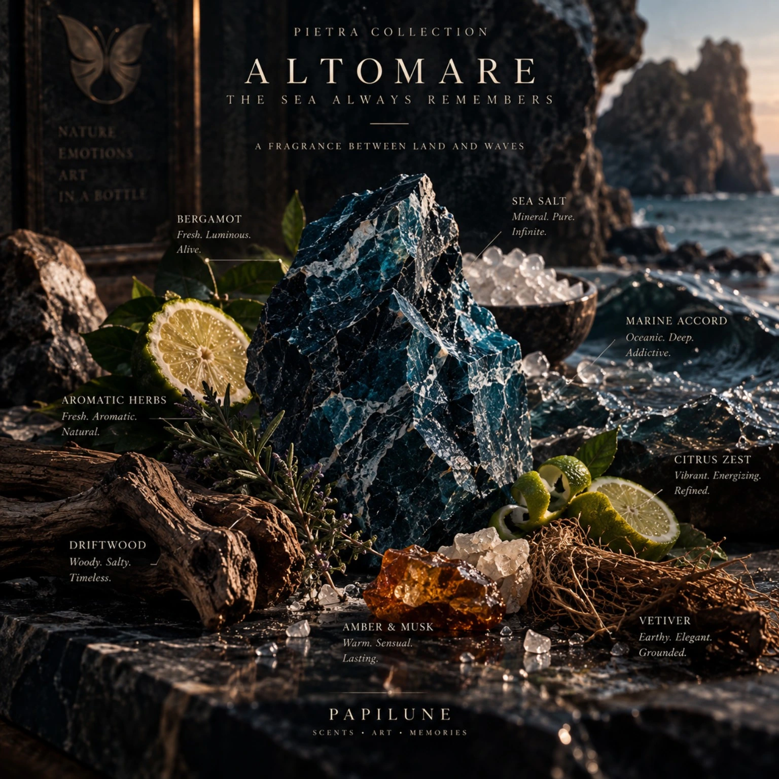 ALTOMARE PIETRA fragrance notes — bergamot, sea salt, marine accord, citrus zest, vetiver, amber, musk and driftwood