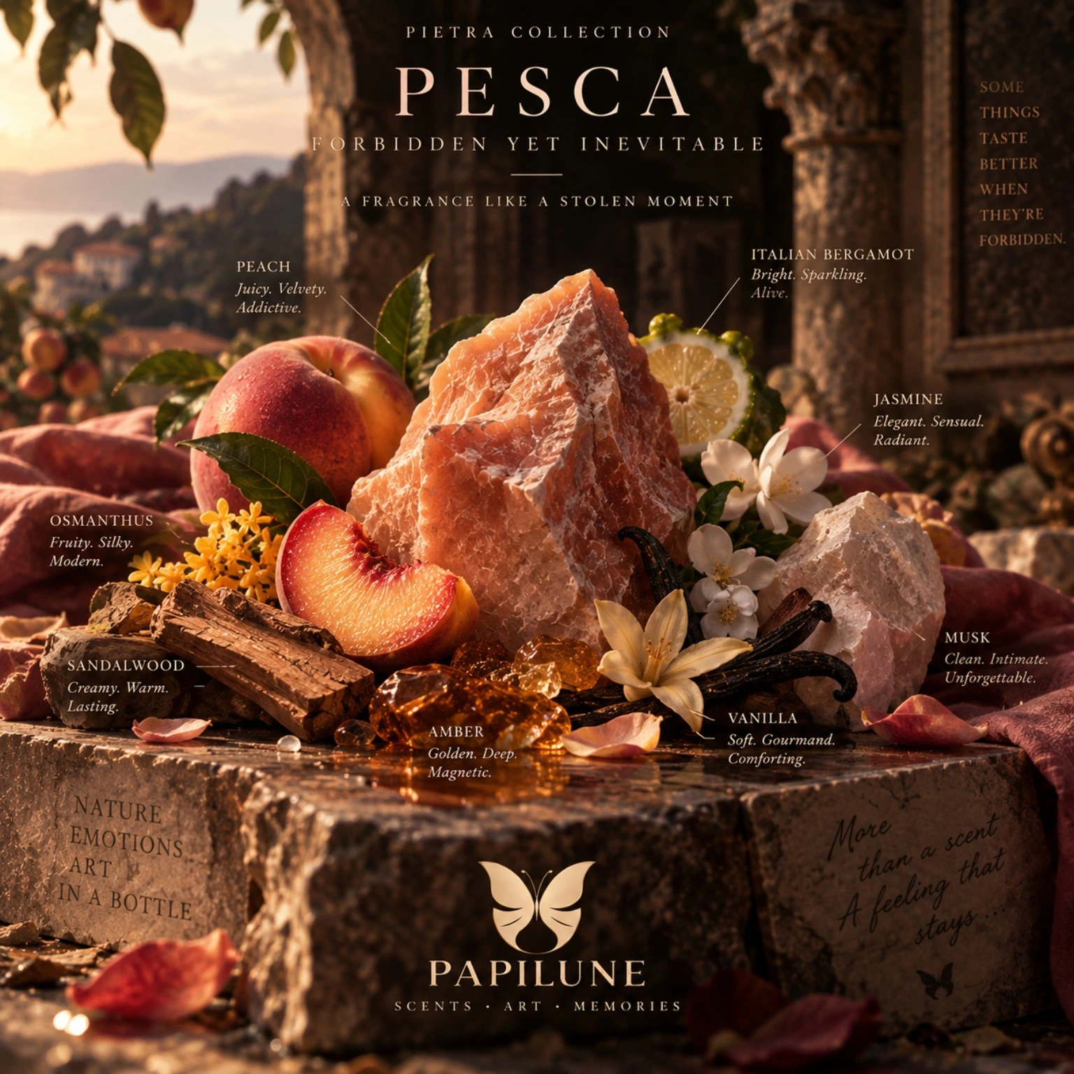 PESCA PIETRA fragrance notes — peach, bergamot, osmanthus, jasmine, vanilla, amber, musk and sandalwood